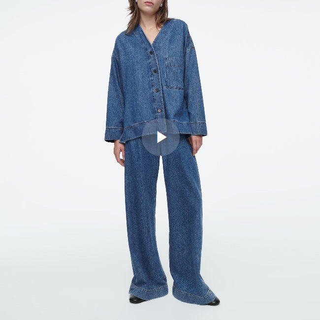 Damen lässiges Denim-Jacket-Hosen-Set mit Übergrößen Drune