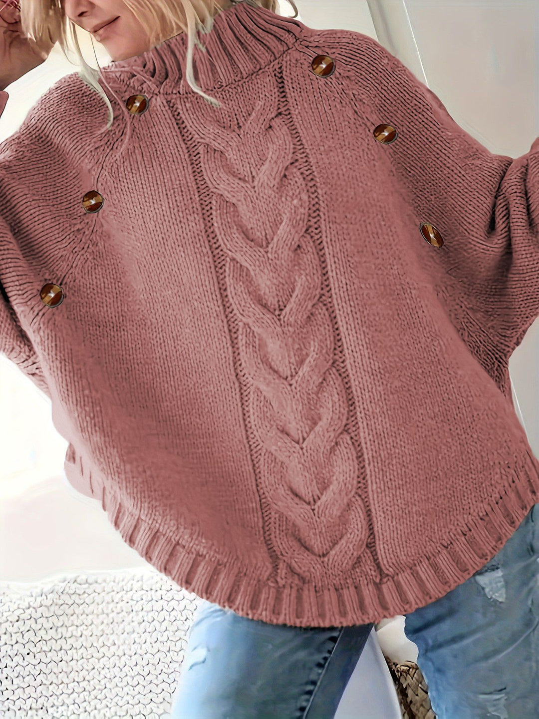 Damen Grober Strickpullover mit modernem Zopfdesign und praktischen Knöpfen Drune