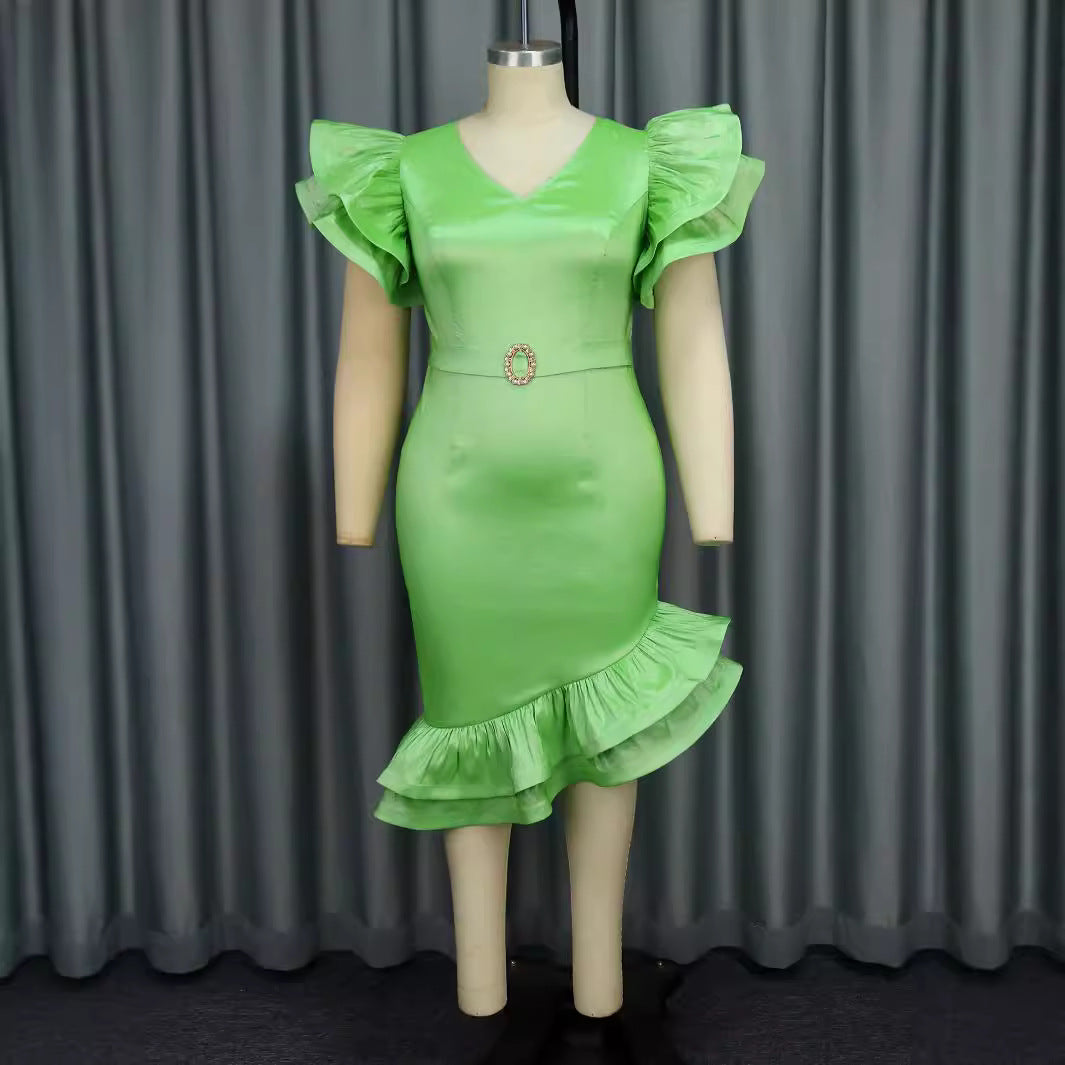 Damen elegantes Kleid mit voluminösen Rüschensäumen und tailliertem Gürtel Drune