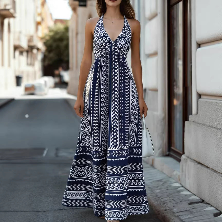 Damen Maxikleid mit geometrischem Muster und tiefem V-Ausschnitt Drune
