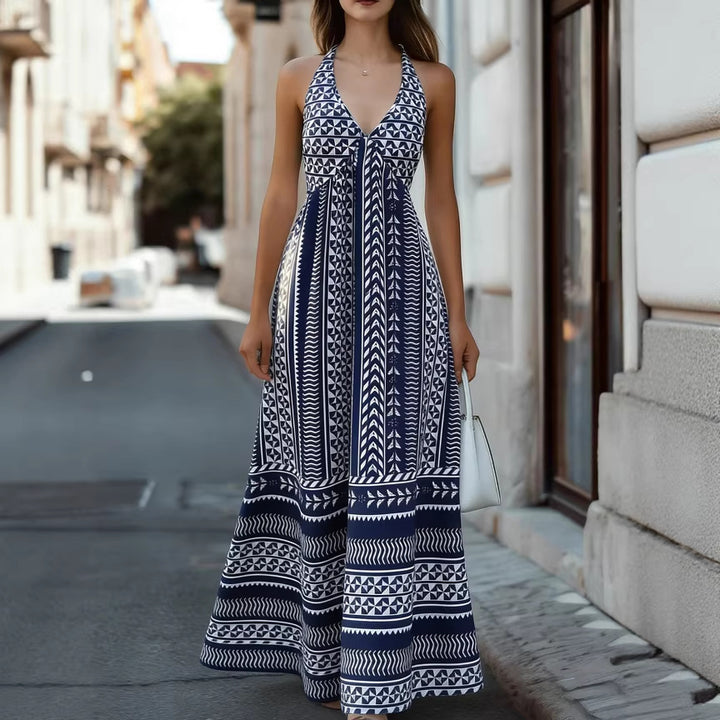 Damen Maxikleid mit geometrischem Muster und tiefem V-Ausschnitt Drune