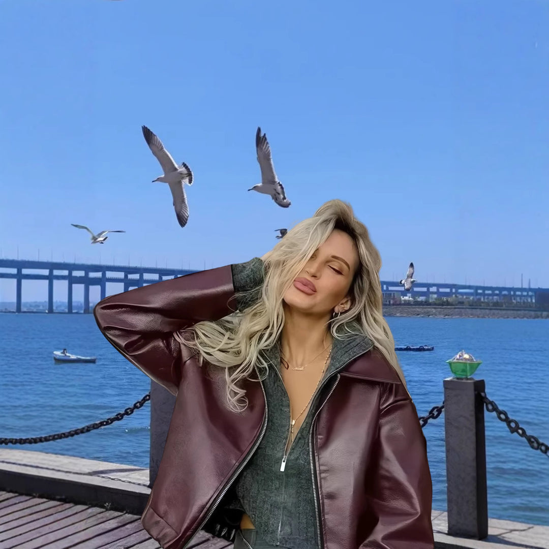 Damen Kunstlederjacke mit Stehkragen und voluminösen Ärmeln Drune