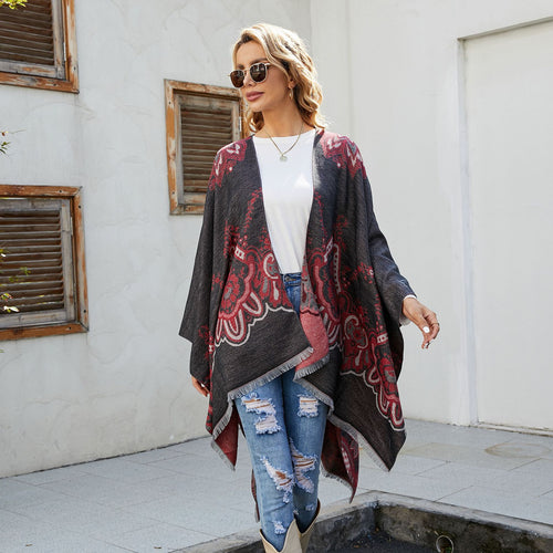 Damen Eleganter Kimono-Poncho mit kunstvollem Muster und fransigen Kanten Drune