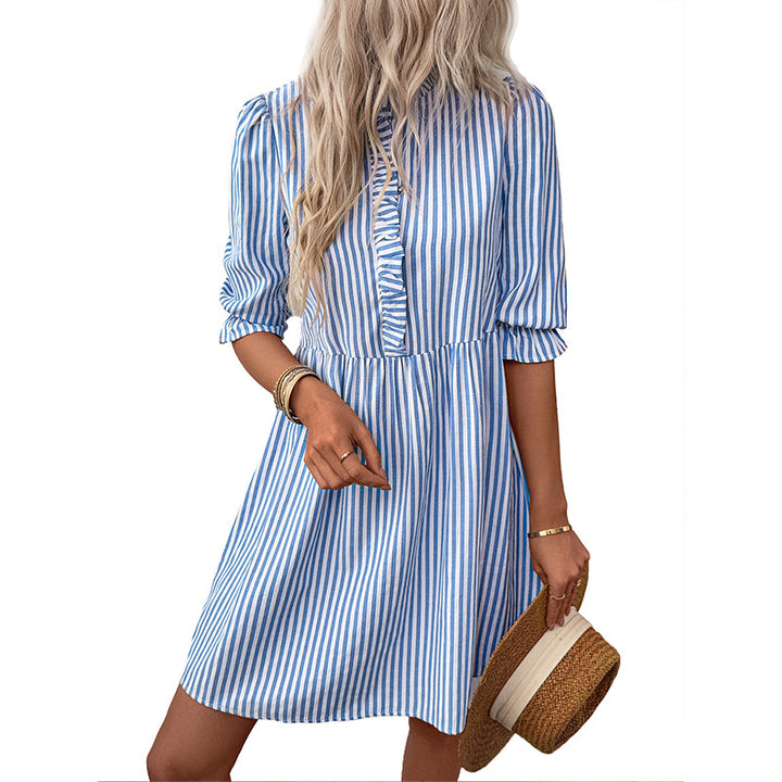 Damen Baumwollkleid mit Rüschendetails und gestreiftem Design Drune