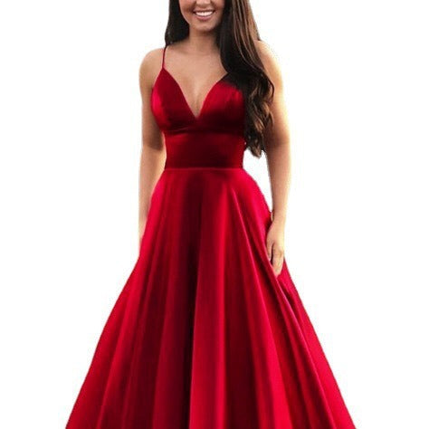 Damen A-Linien Abendkleid mit tiefem Ausschnitt und schmalen Trägern Drune
