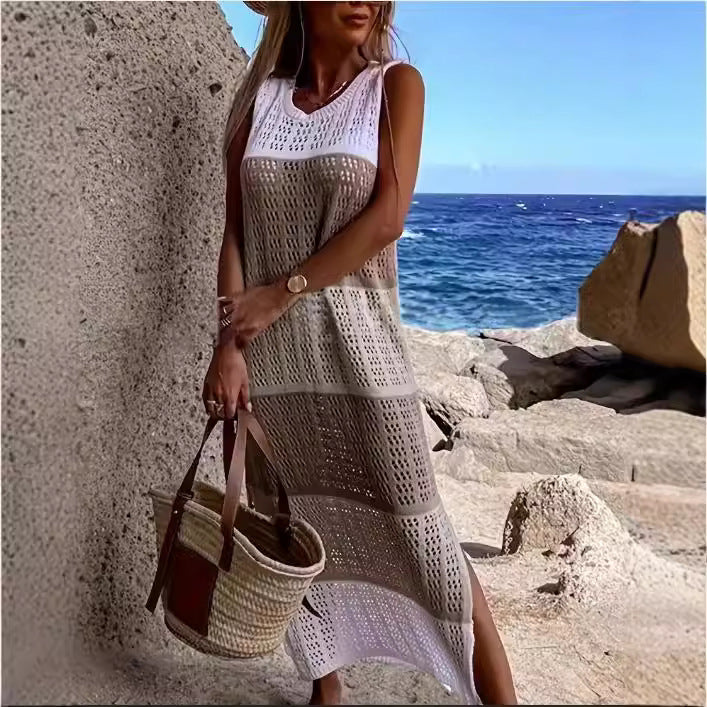 Damen Lässiges Strickkleid mit raffiniertem Lochmuster und seitlichen Schlitzen Drune