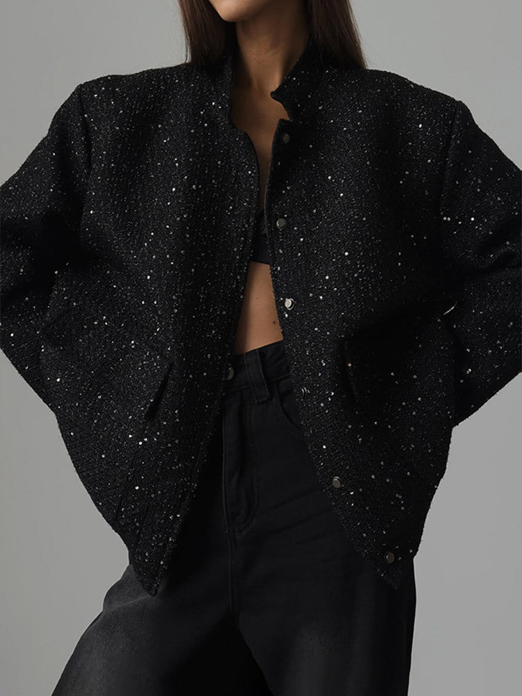 Damen Glamouröse Glitzerjacke mit oversized Schnitt und modischen Taschen Drune