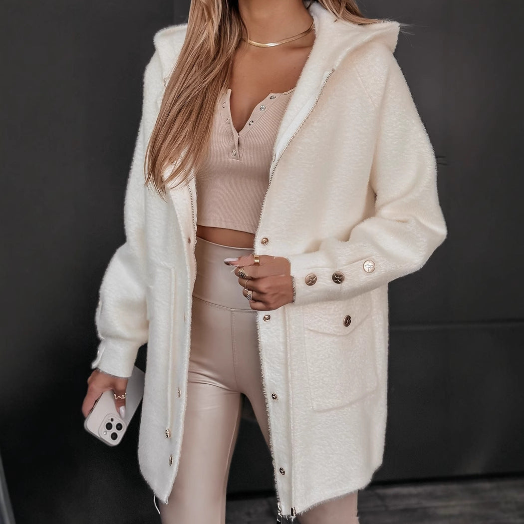 Damen Kuschelige Fleecejacke mit Kapuze und Druckknöpfen Drune