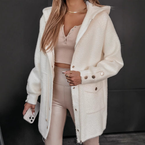 Damen Kuschelige Fleecejacke mit Kapuze und Druckknöpfen Drune