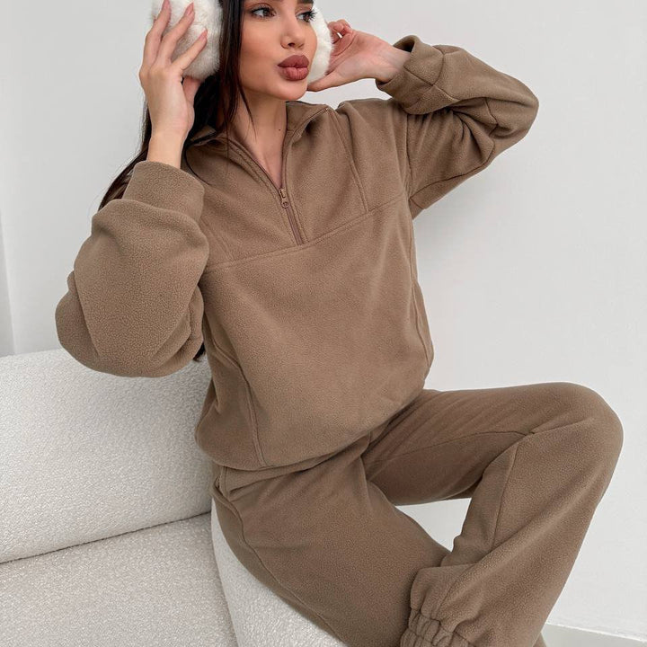 Damen Fleece-Loungewear-Set mit hohem Kragen und elastischem Bund Drune