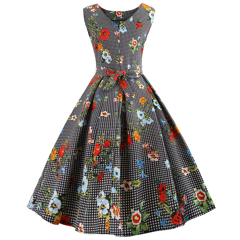Damen Retro A-Linien Kleid mit floralen Akzenten und klassischem Karodesign Drune