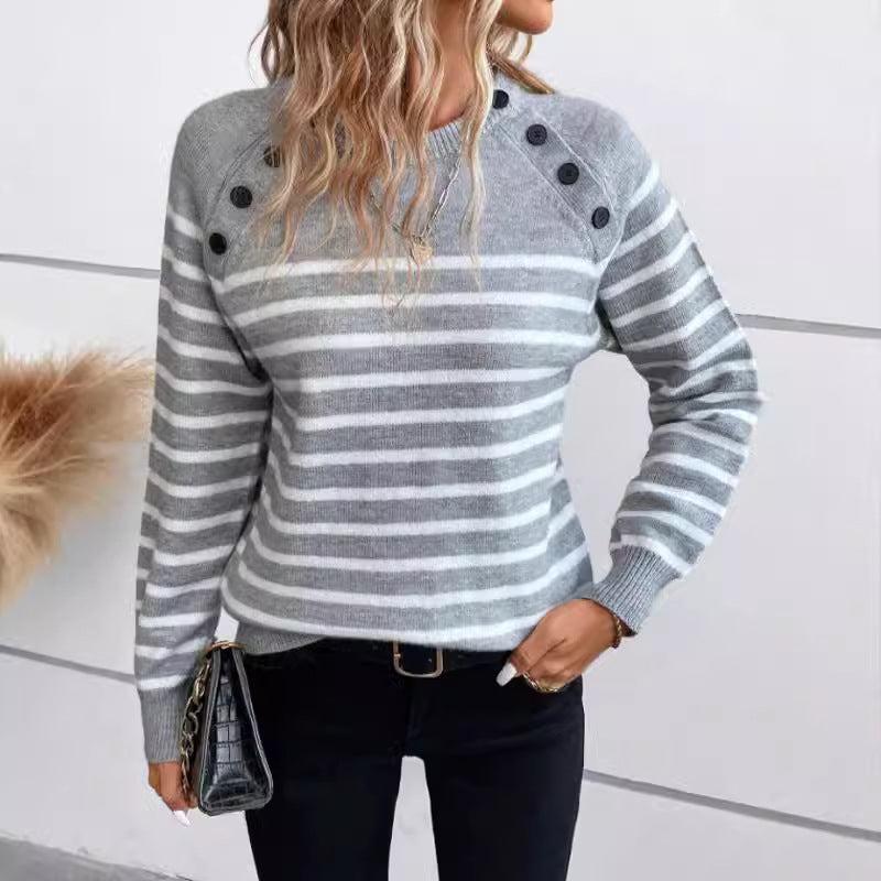 Damen gestreifter Pullover mit Knopfdetails und Rundhalsausschnitt Drune