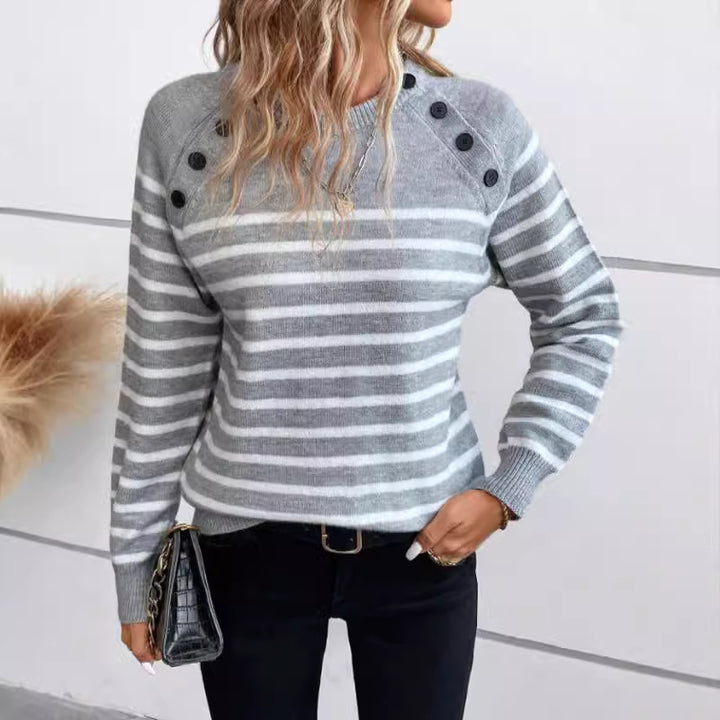 Damen gestreifter Pullover mit Knopfdetails und Rundhalsausschnitt Drune