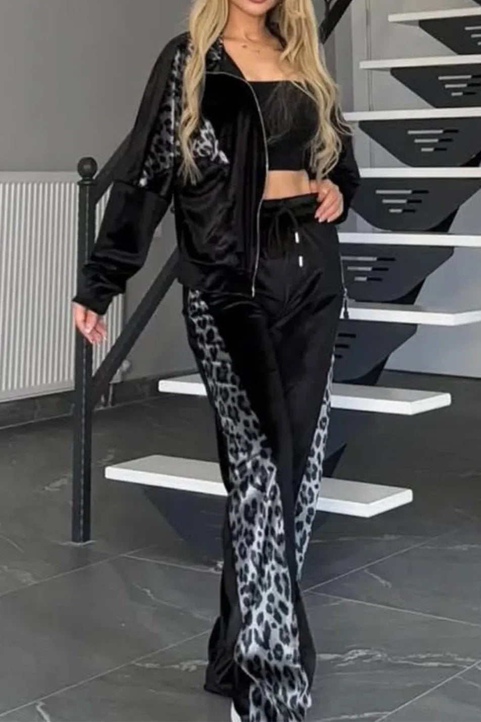 Drune | Leopardenmuster Kontrast Langarmjacke und Weite Hosen Zweiteiler Satz