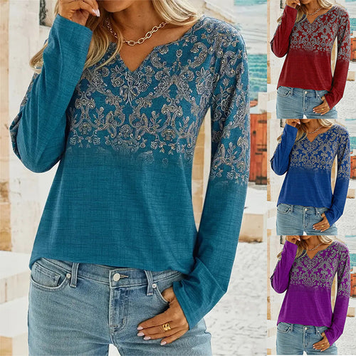 Damen V-Ausschnitt Bluse mit floralem Design Drune