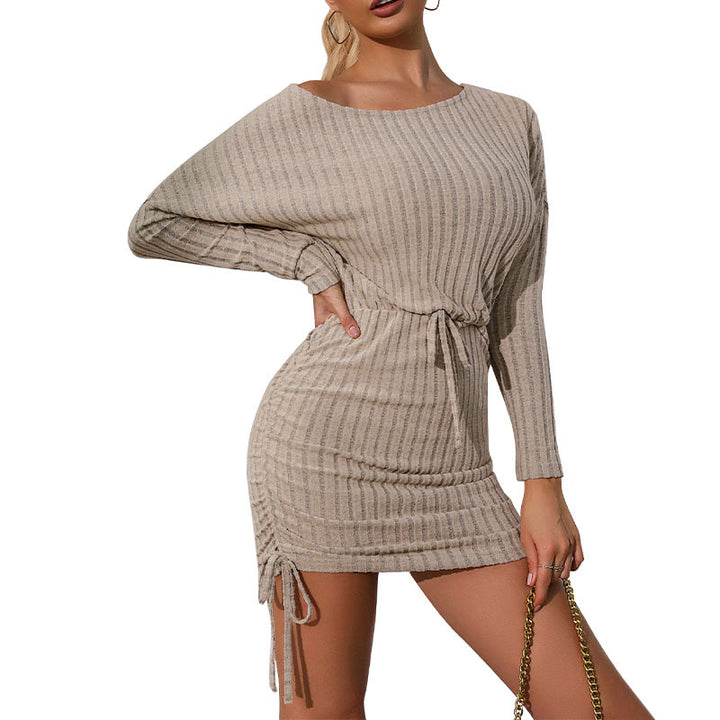 Damen lässiges Strickminikleid mit Bindegürtel und eleganten Rüschendetails Drune