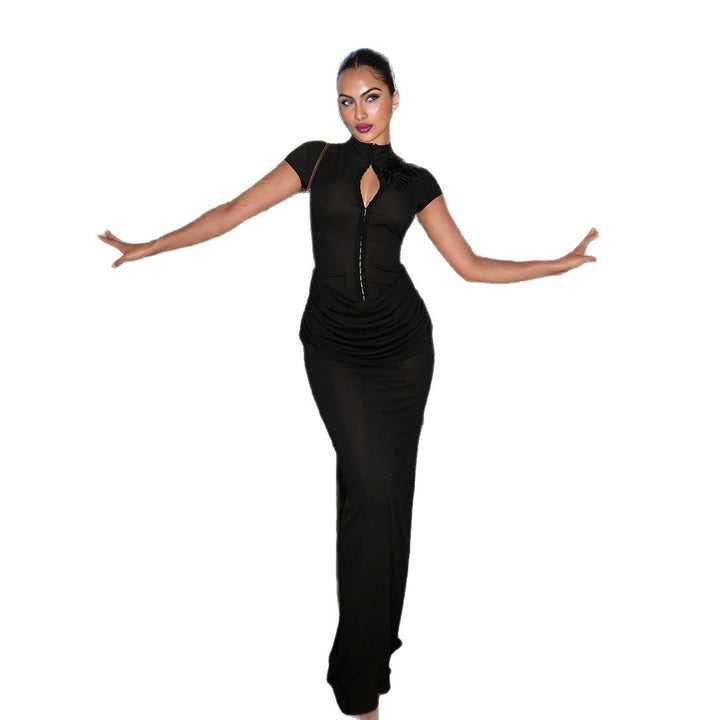 Damen Langarm Maxikleid mit raffiniertem Schnitt und eleganter Knopfdetail Drune