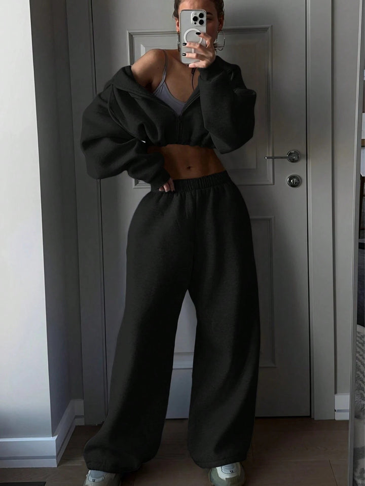 Damen nan kurzes Zip-Hoodie Cropped Sweatshirt mit Kordelzug, angesetzten Ballonärmeln und elastischem Saum Drune