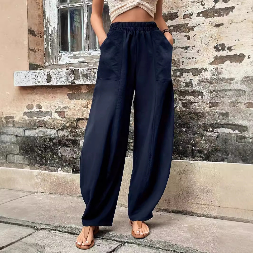 Damen weite Leinenhose mit elastischem Taillenbund und Seitentaschen Drune