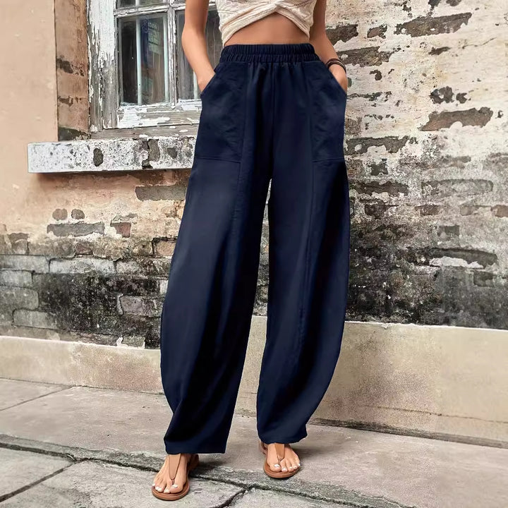 Damen weite Leinenhose mit elastischem Taillenbund und Seitentaschen Drune