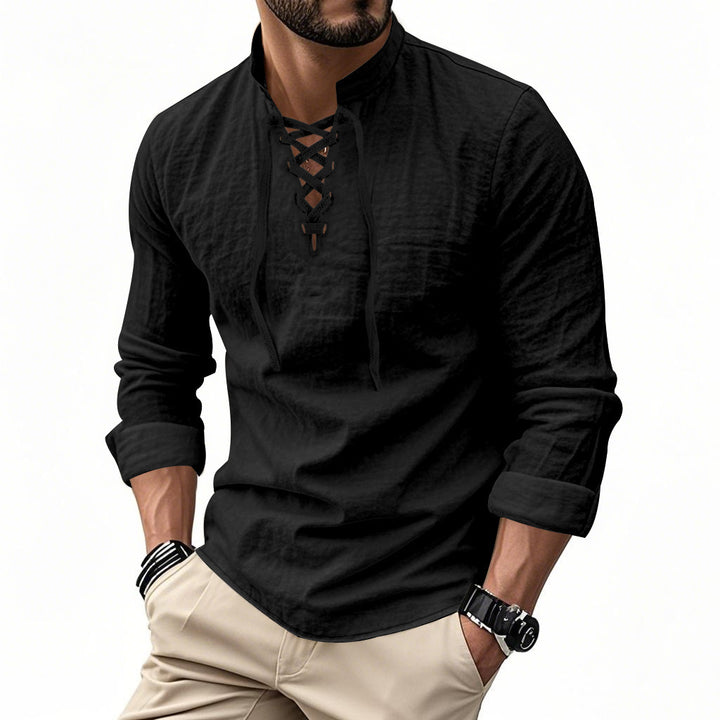 Herren nan Leinenoptik Langarmshirt mit Schnürung V-Ausschnitt und Stehkragen Drune
