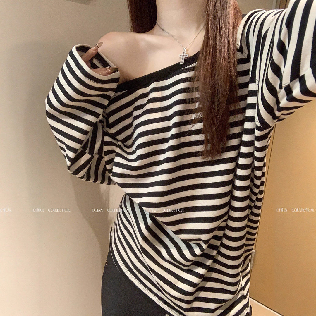 Damen lässiges Oversized-Off-Shoulder Langarmshirt mit Streifenmuster Drune