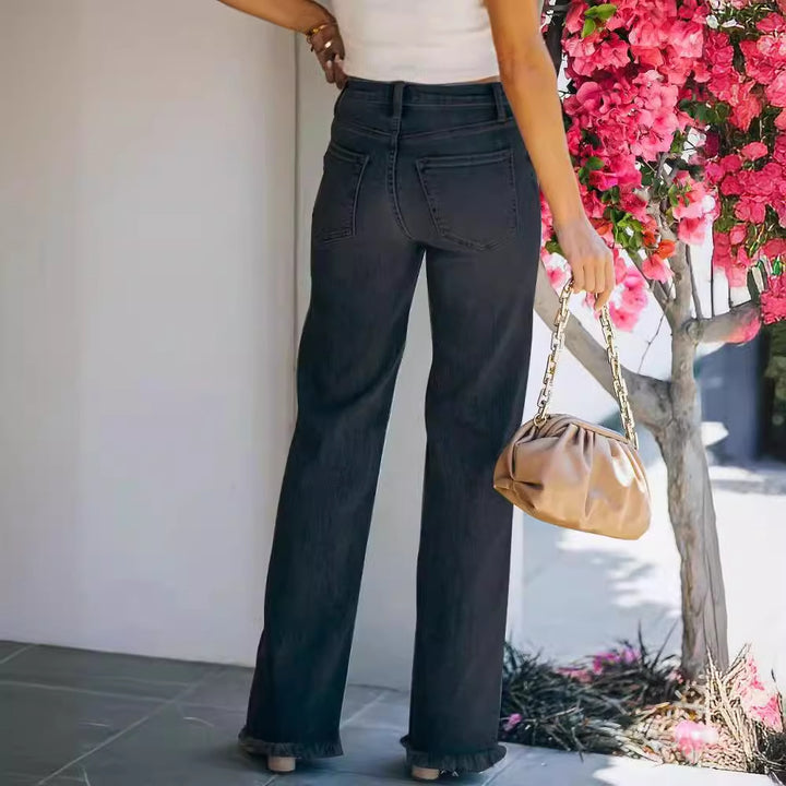 Damen weiter geschnittene Jeans mit fransigem Saum Drune