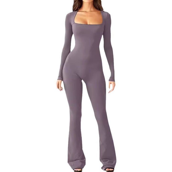 Damen nan figurbetonter Langarm-Jumpsuit mit quadratischem Ausschnitt und ausgestellter Schlaghose Drune