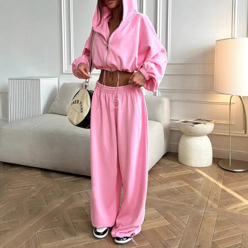 Damen nan kurzes Reißverschluss-Cropped-Hoodie und weitgeschnittene Highwaist-Loungehose Set Drune