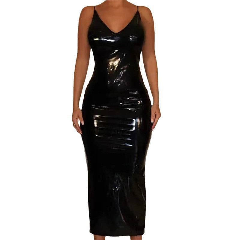 Damen Figurbetontes Lackkleid mit V-Ausschnitt und schulterfreien Trägern Drune