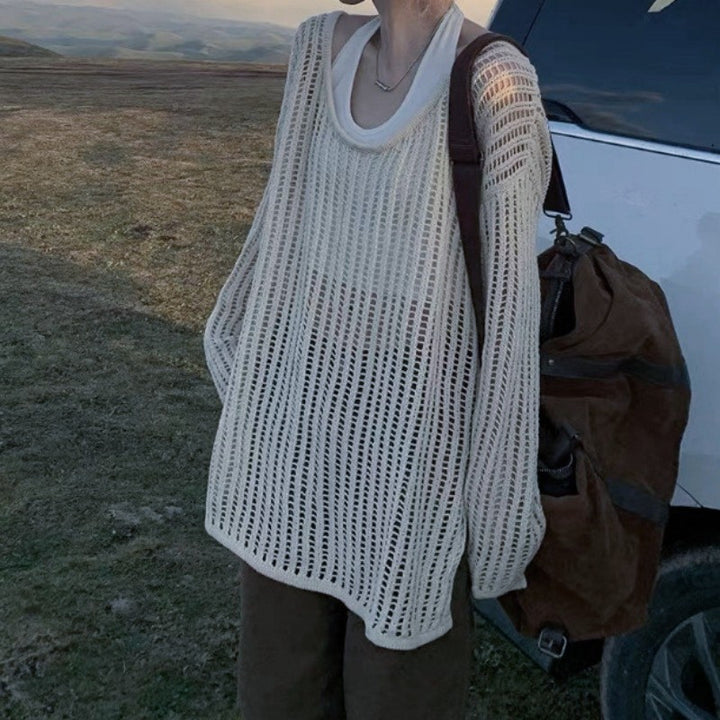 Damen luftiger Strickpullover mit weitem Schnitt und dezentem Lochmuster Drune