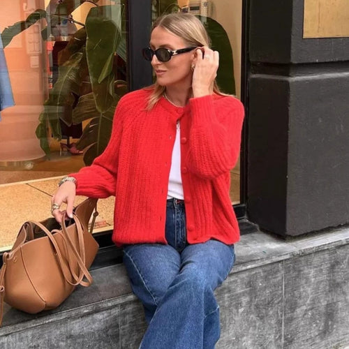 Damen nan grob gestrickte Raglan-Cardigan mit Ballonärmeln und durchgehender Knopfleiste Drune