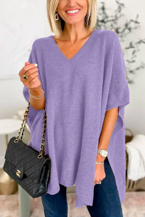 Damen lässiger Strickponcho mit V-Ausschnitt und überschnittenen Ärmeln Drune