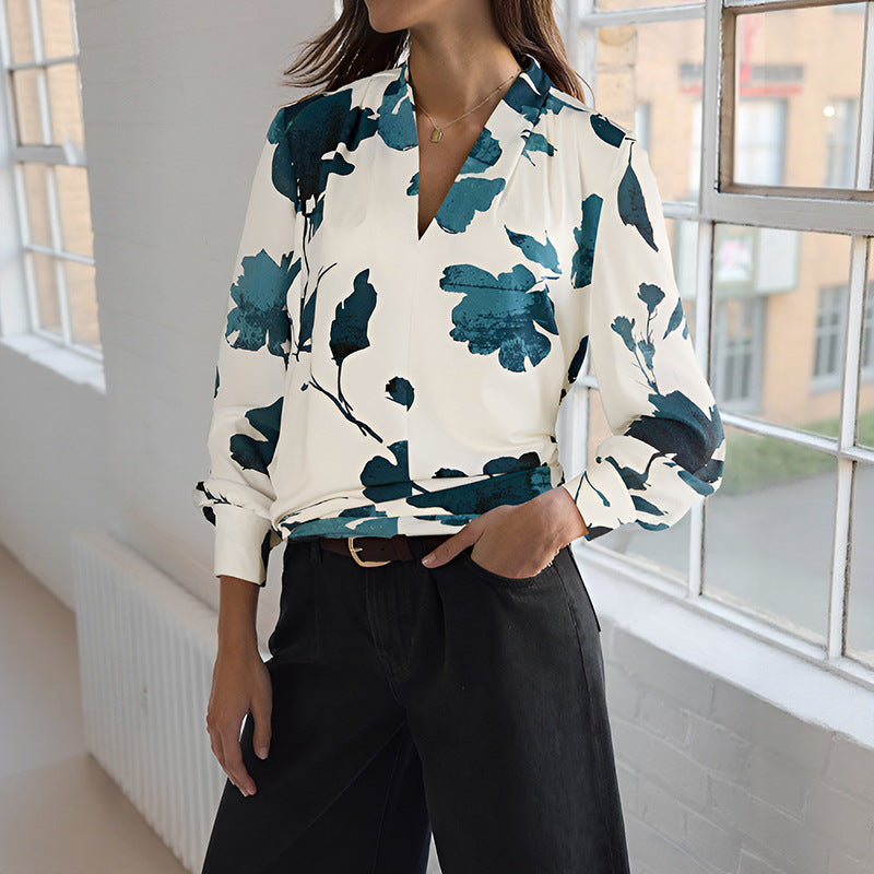 Damen Bluse mit floralem Muster und modernem Revers Drune