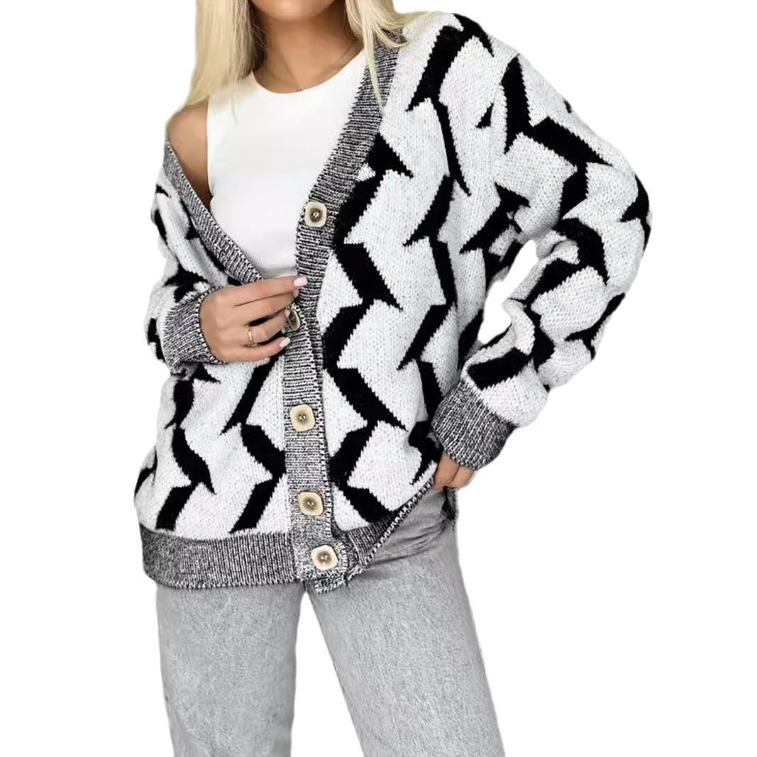 Damen lässige Strickjacke mit modernem Blitzenmuster Drune