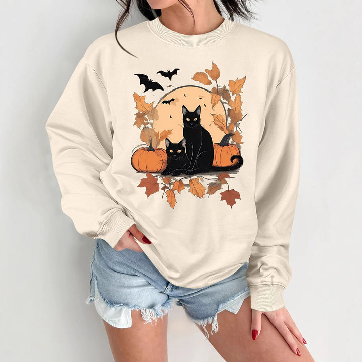 Damen Sweatshirt mit herbstlichem Katzen- und Kürbisdesign Drune