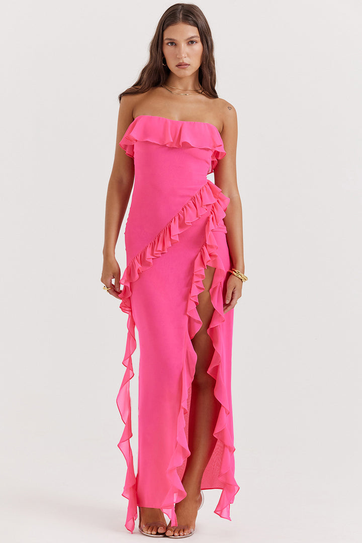 Damen Off-Shoulder Maxikleid mit Rüschen und Schlitz Drune