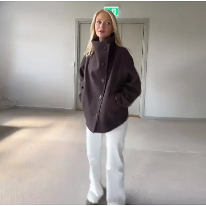 Damen Oversized Wolljacke mit hohem Kragen und doppelter Knopfleiste Drune