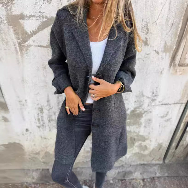 Damen elegante lange Wolljacke mit Oversize-Schnitt Drune