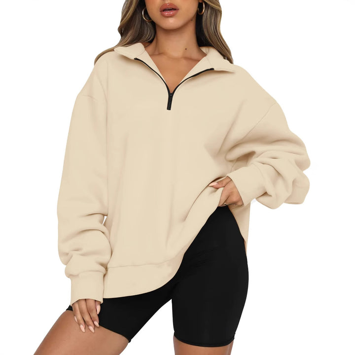 Damen lässiger Sweatpullover mit halbem Reißverschluss und überschnittenen Schultern Drune