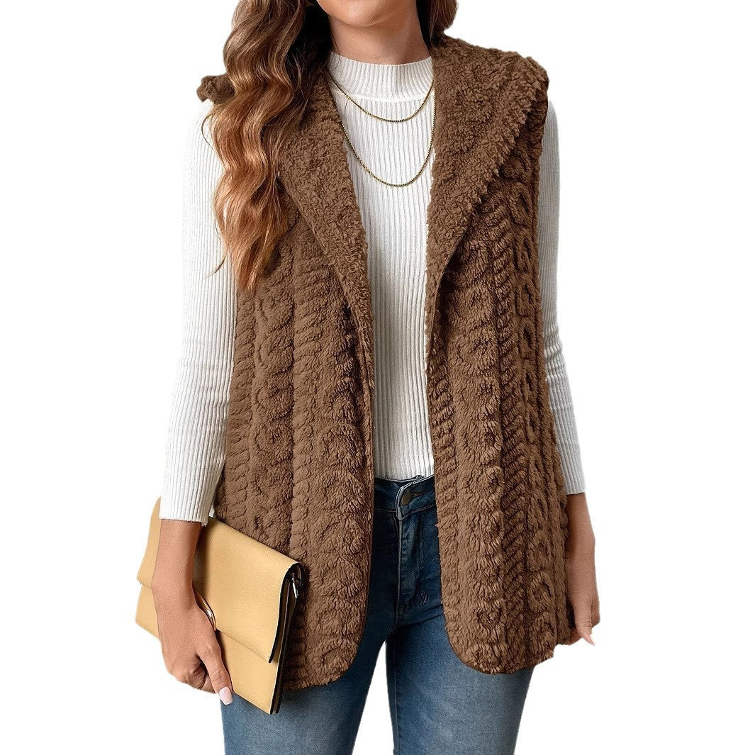 Damen Plüsch-Weste mit elegantem Strickmuster und seitlichen Taschen Drune