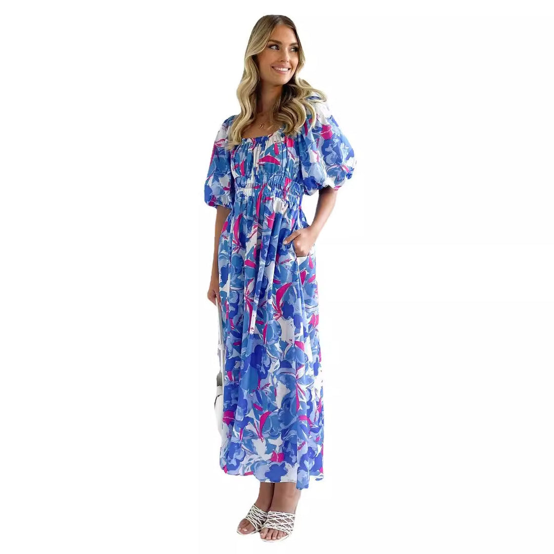Damen Off-Shoulder Maxikleid mit floralen Mustern und elastischem Bund Drune