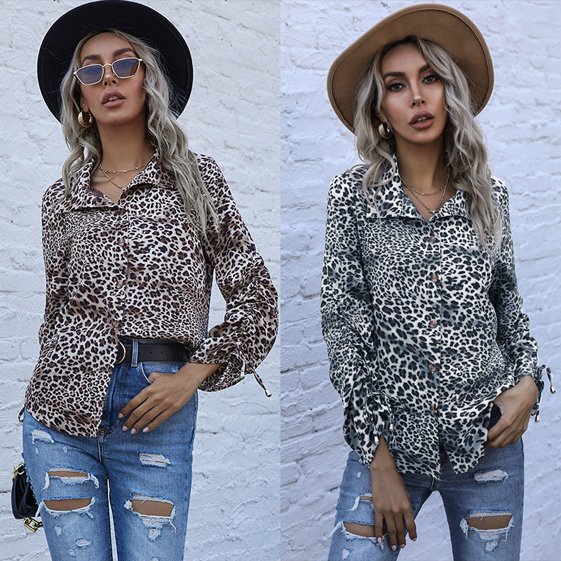 Damen elegante Bluse im Leopardenmuster mit Knopfleiste Drune