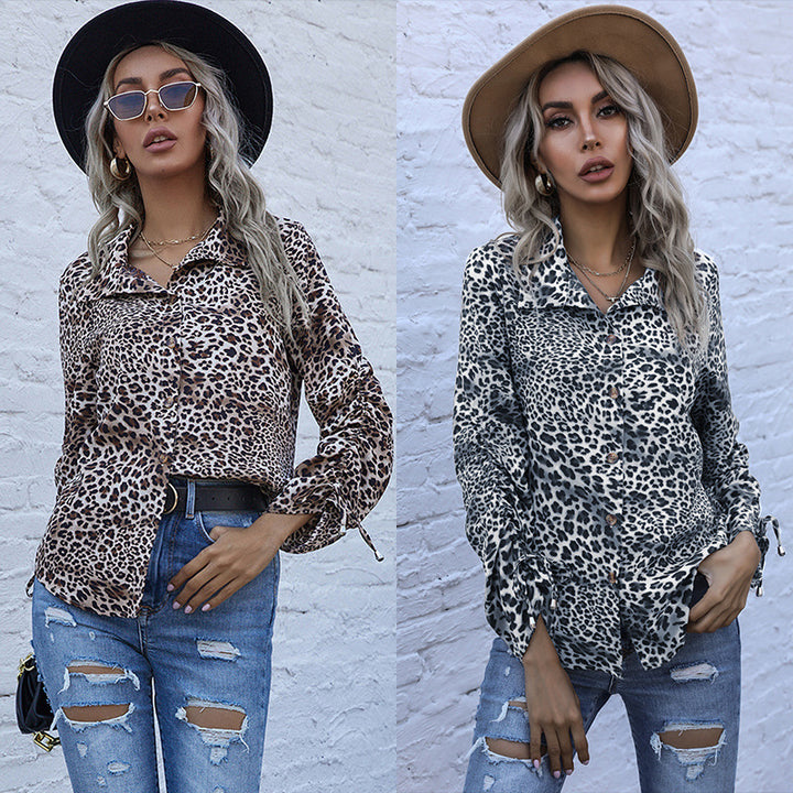 Damen elegante Bluse im Leopardenmuster mit Knopfleiste Drune