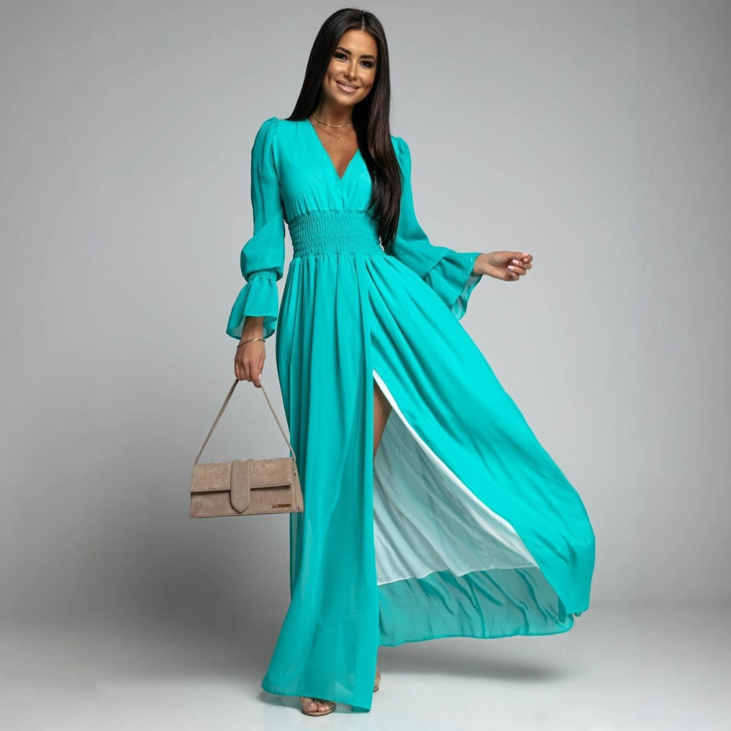 Damen Maxi-Kleid mit tiefem V-Ausschnitt und voluminösen Ärmeln Drune