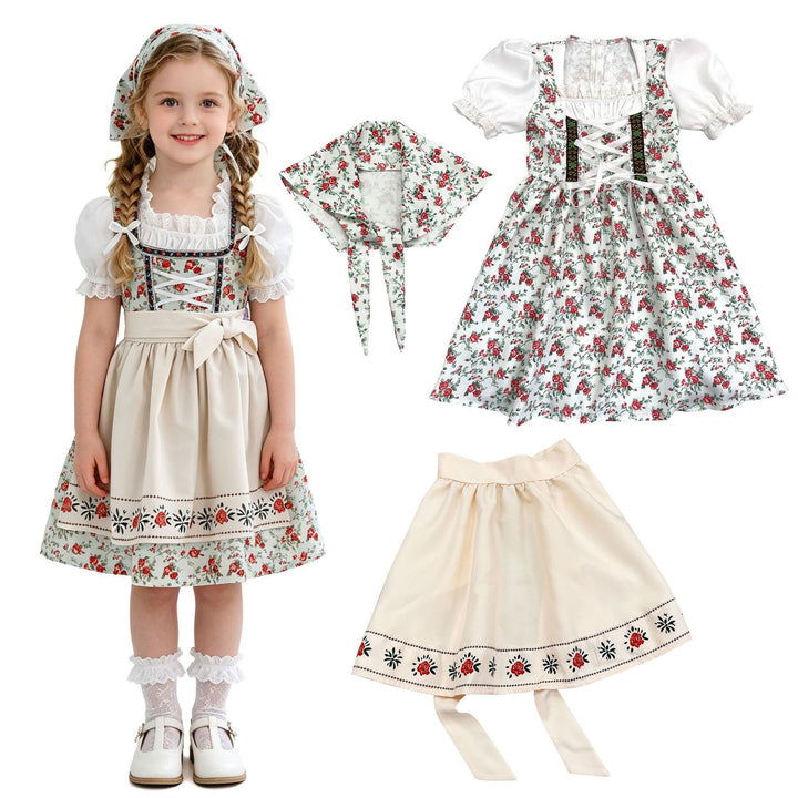Damen nan traditionelles Kinderdirndl-Set mit Schnürkorsett, Puffärmeln und Kopftuch Drune