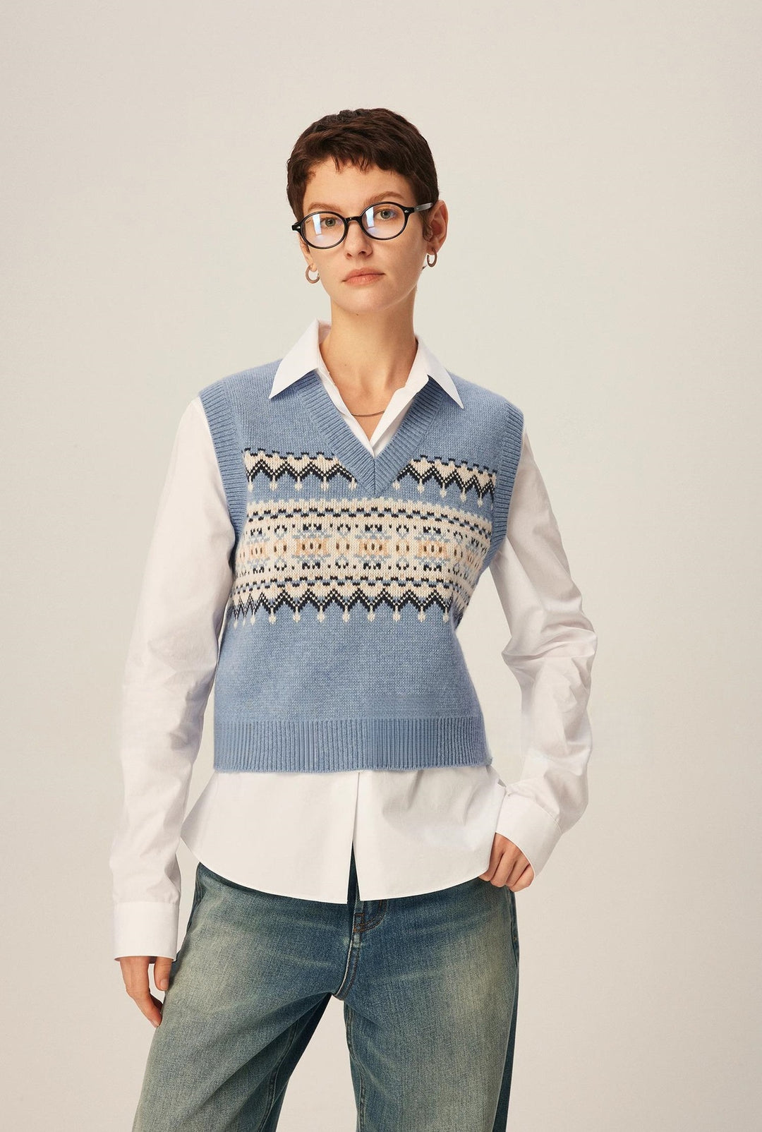 Damen modischer Strickpullover mit V-Ausschnitt und geometrischem Muster Drune