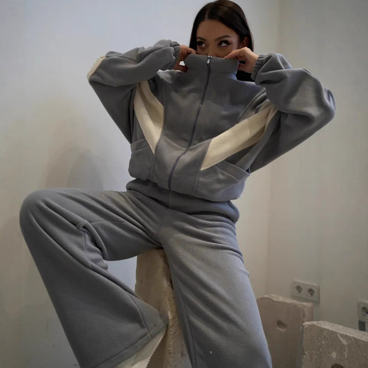 Damen Sportliches Fleece-Set mit hohem Kragen und weiten Hosen Drune