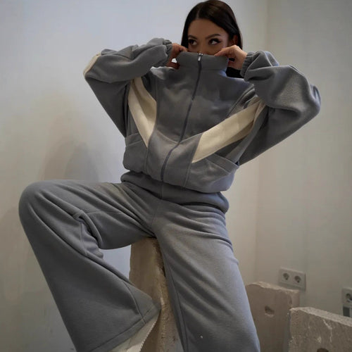 Damen sportliches Fleece-Set mit hochgeschlossenem Kragen und weiten Hosen Drune