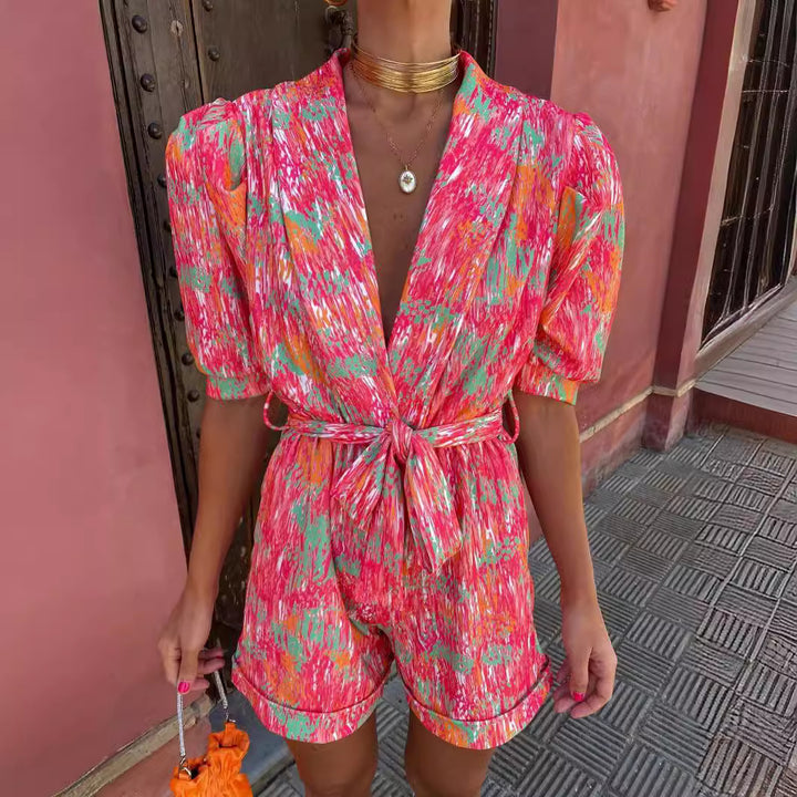Damen modischer Jumpsuit mit modernen Puffärmeln und buntem Grafikdesign Drune